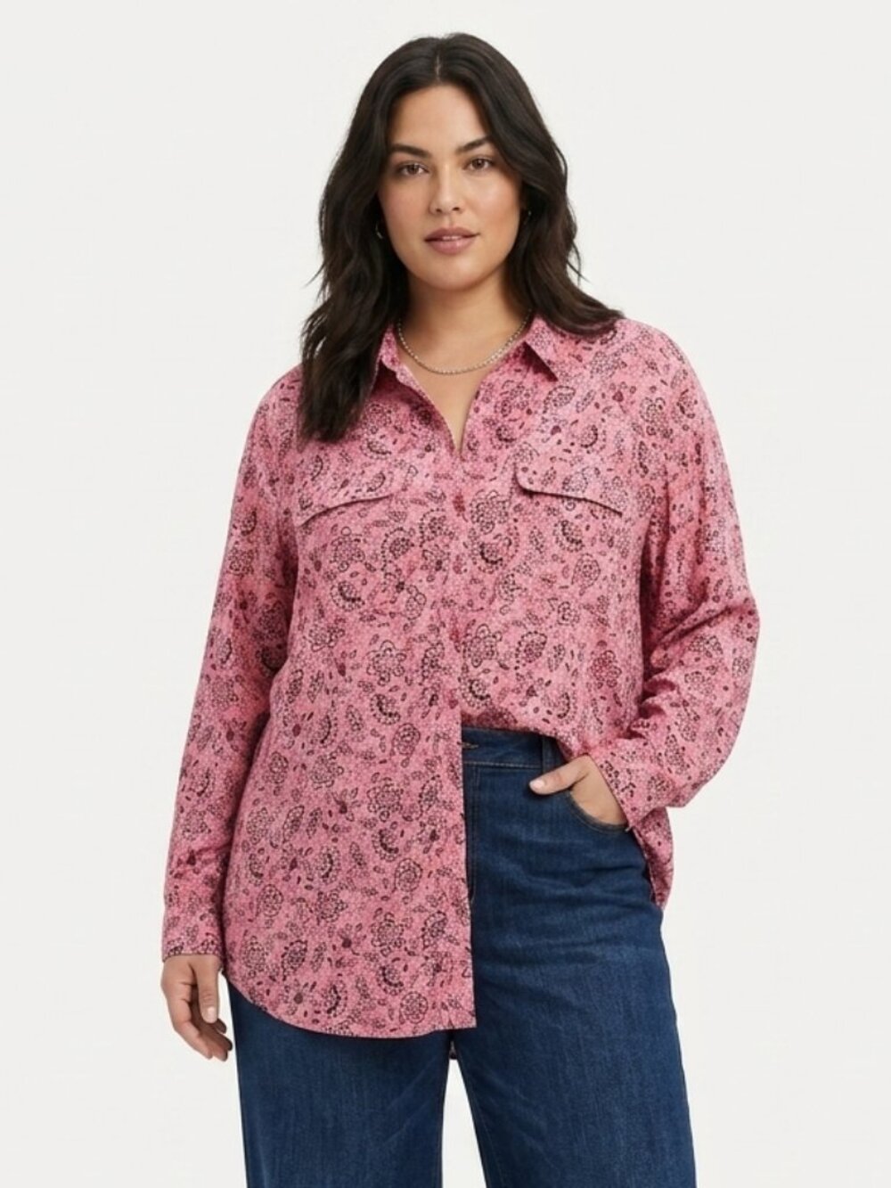 Woman Within Blouse Pink Floral Button UP Casual 2X